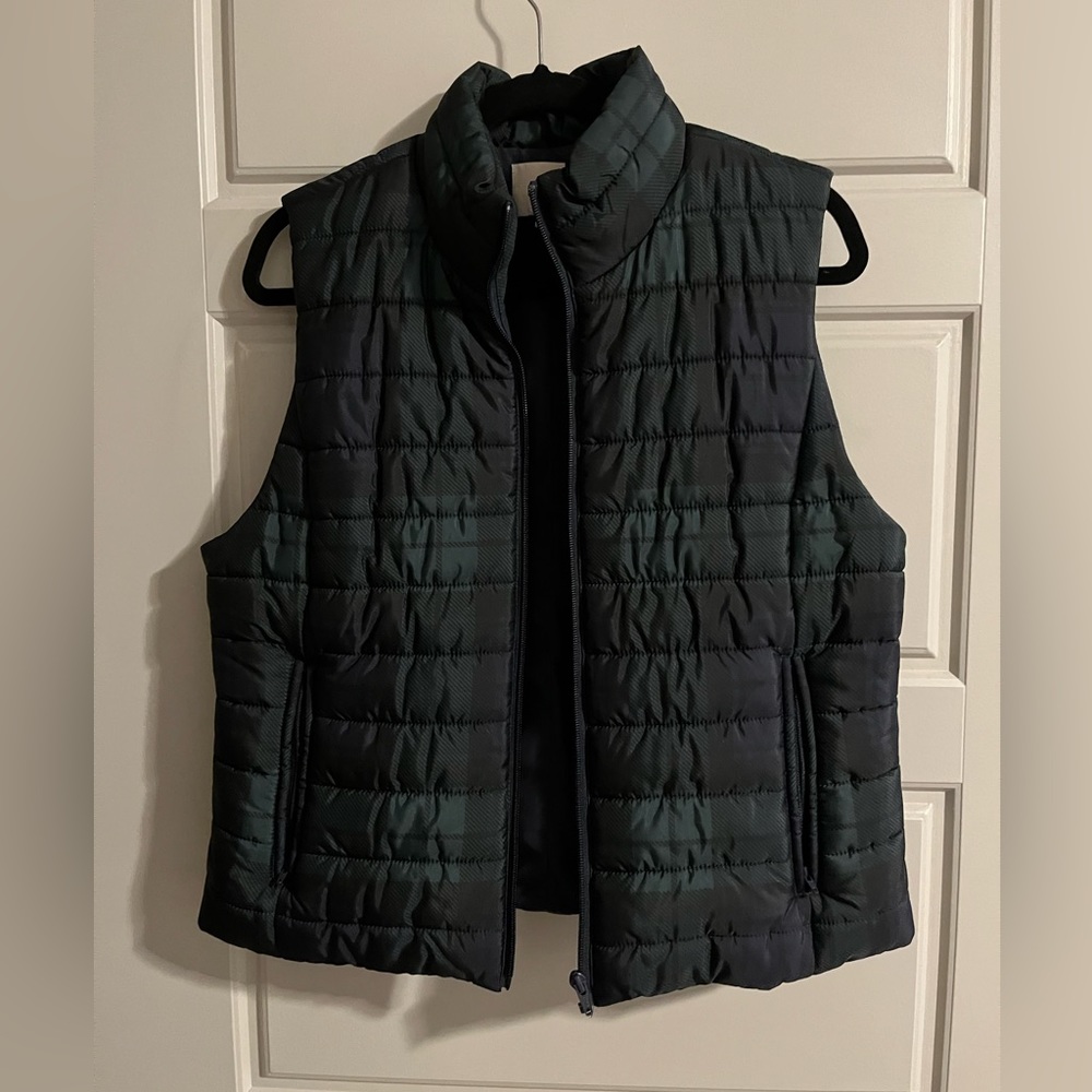 LOFT navy and green plaid puffer vest